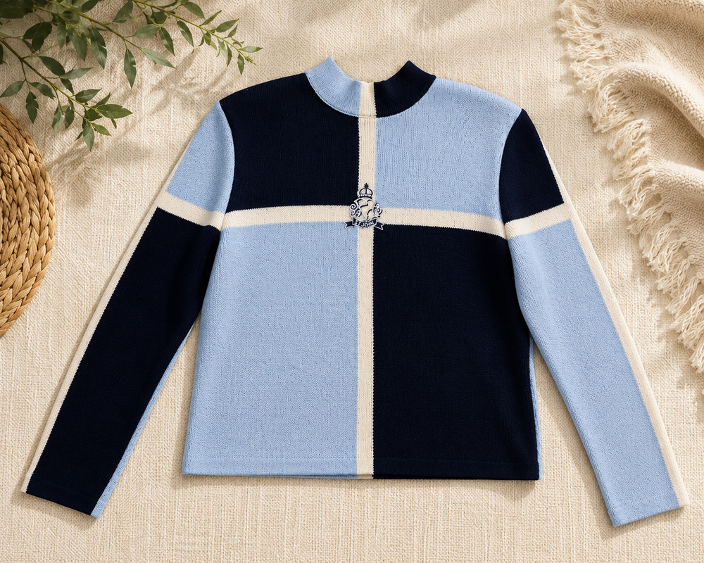 St John Sport Marie Gray Sweater Small Blue Navy Colorblock Mock Neck USA Knit